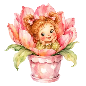 Cute Little Girl Sitting in Pink Flower Pot
