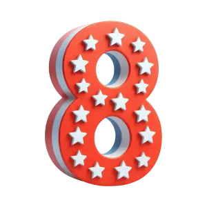 3D Number Eight with White Stars on Red Background
