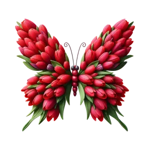 Butterfly Made of Red Flower Petals and Green Leaves