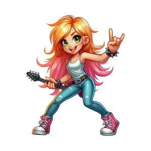 Cartoon Girl Rocker with Electric Guitar and Rock Hand Gesture