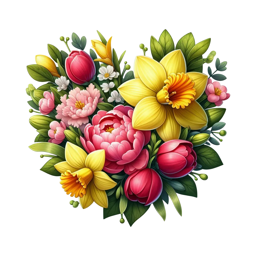 Heart-Shaped Floral Arrangement with Yellow Daffodils and Pink Peonies