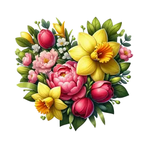 Heart-Shaped Floral Arrangement with Yellow Daffodils and Pink Peonies