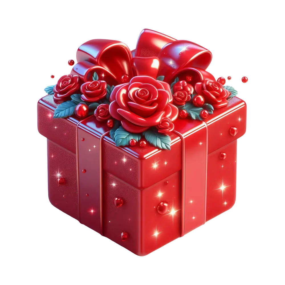 Decorative Red Gift Box with Roses and Berries