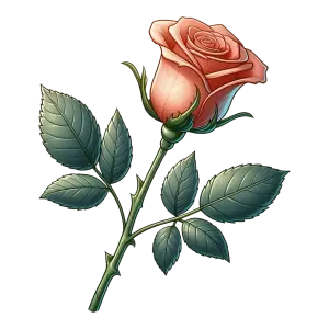 Detailed Illustration of a Single Orange Rose with Leaves and Thorns