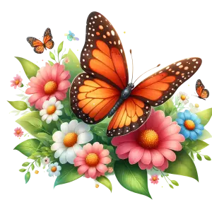Orange Monarch Butterfly on Colorful Flower Bouquet