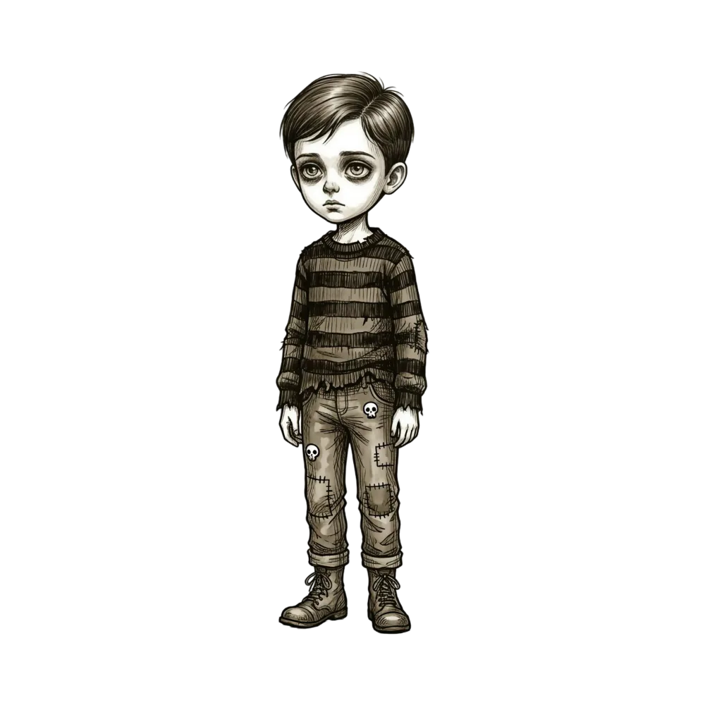 Sad cartoon boy with patched clothes and boots
