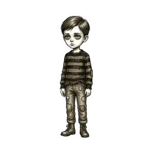 Sad cartoon boy with patched clothes and boots