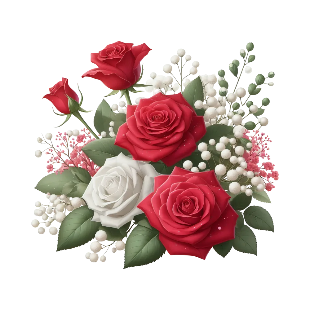 Bouquet of Red and White Roses with Baby's Breath