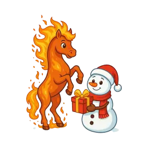 Cartoon Flaming Horse and Snowman with Gift