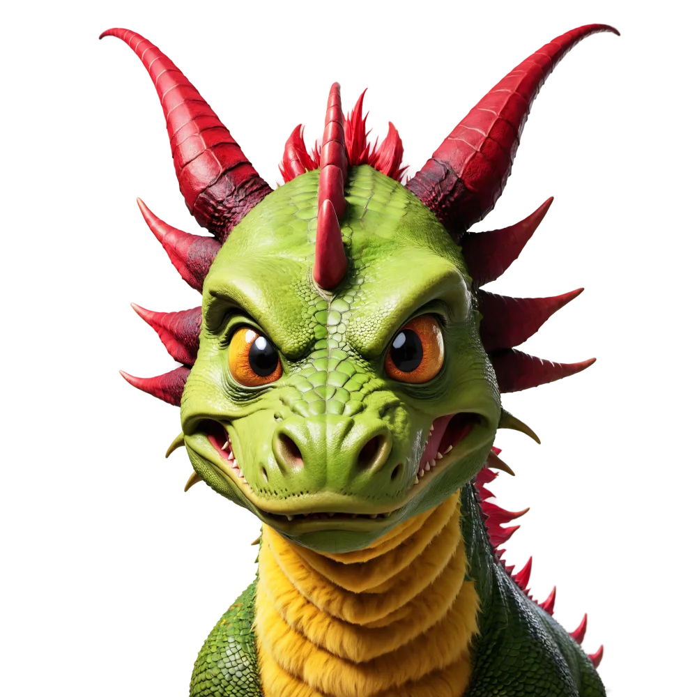 Cartoon Style Green Dragon with Red Horns and Yellow Belly
