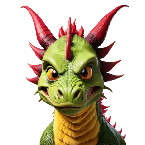 Cartoon Style Green Dragon with Red Horns and Yellow Belly