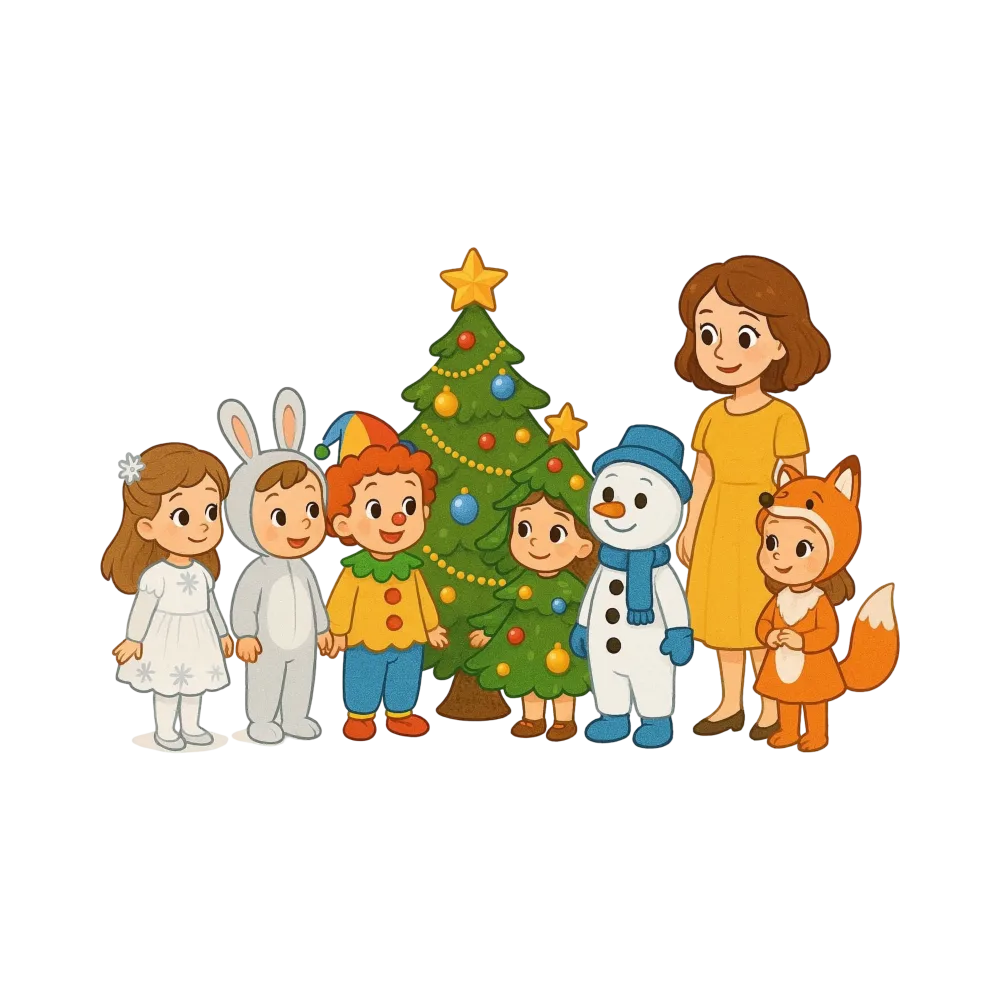 Children and Teacher in Christmas Costumes Around Christmas Tree