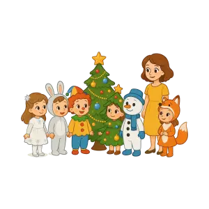 Children and Teacher in Christmas Costumes Around Christmas Tree