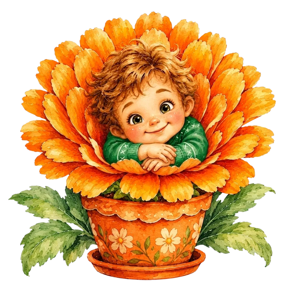 Cute Child in Orange Flower Pot Illustration