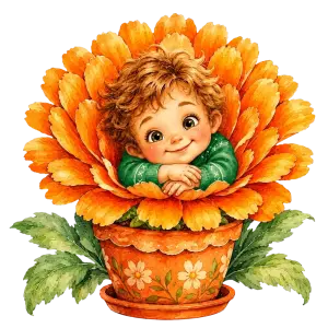 Cute Child in Orange Flower Pot Illustration