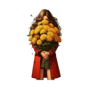 Woman in Red Coat Holding Large Bouquet of Yellow Chrysanthemums