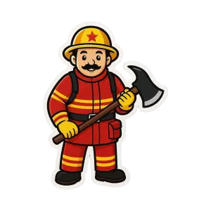 Cartoon Firefighter Holding Axe in Protective Gear