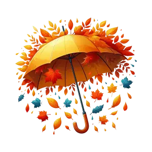 Yellow Umbrella with Falling Autumn Leaves