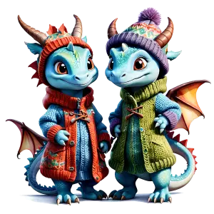 Cute Blue Dragon Twins in Colorful Winter Clothing
