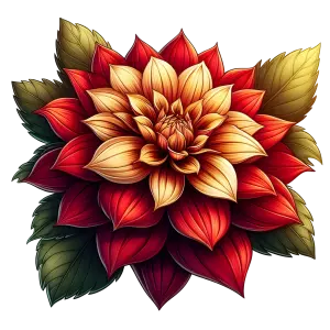 Vibrant Red and Orange Dahlia Flower with Green Leaves Illustration