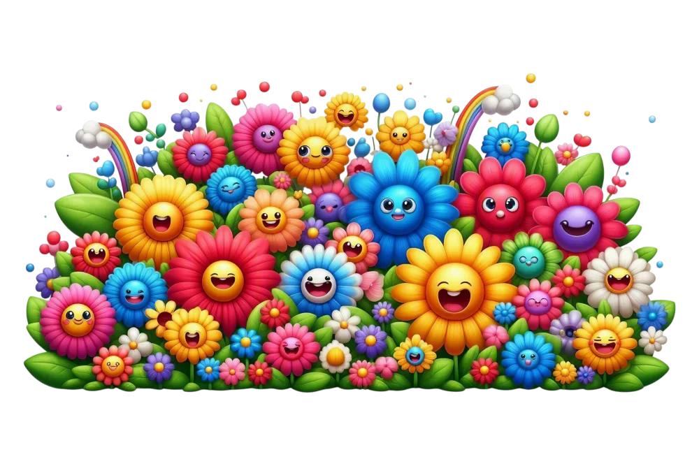 Colorful Smiling Cartoon Flowers with Rainbows and Green Leaves