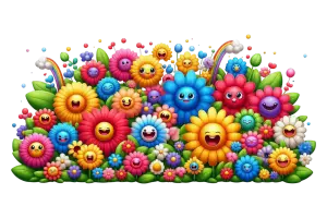 Colorful Smiling Cartoon Flowers with Rainbows and Green Leaves