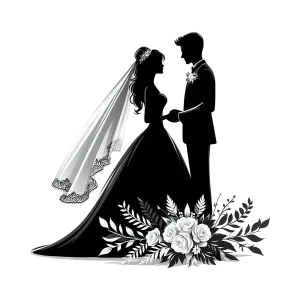 Silhouette of Bride and Groom with Bridal Bouquet