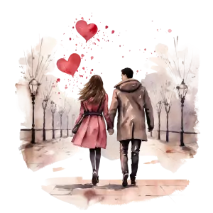 Romantic Couple Walking in Park with Heart Balloons