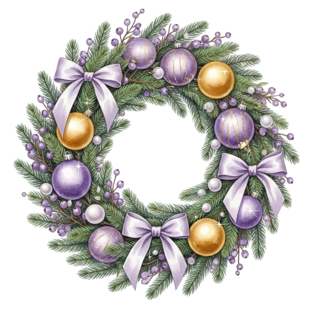 Decorative Christmas Wreath with Purple Bows and Ornaments