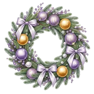 Decorative Christmas Wreath with Purple Bows and Ornaments