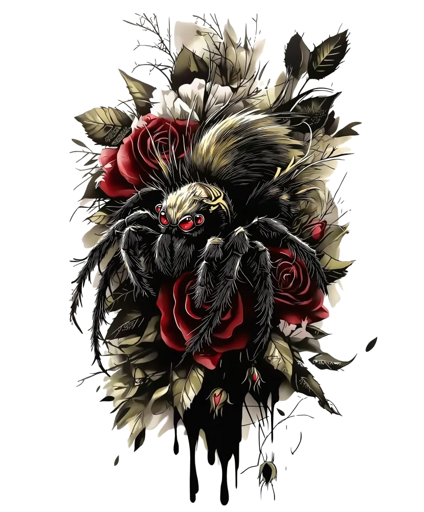 Black and Red Spider with Roses Digital Art Tattoo Design