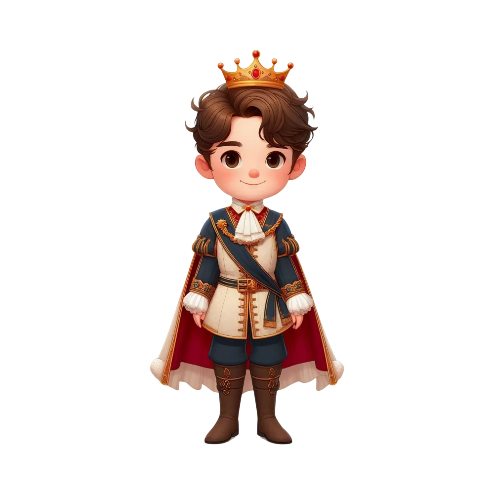 Cute Cartoon Prince with Crown and Royal Cape