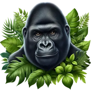Realistic Gorilla Head with Jungle Leaves