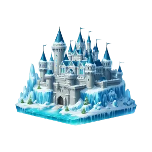 Fantasy Icy Castle with Blue Roofs on Snowy Base