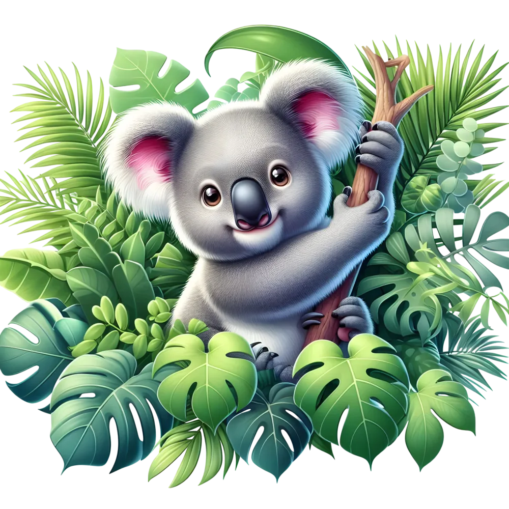 Cute Koala Hugging Branch in Lush Green Leaves