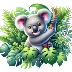 Cute Koala Hugging Branch in Lush Green Leaves