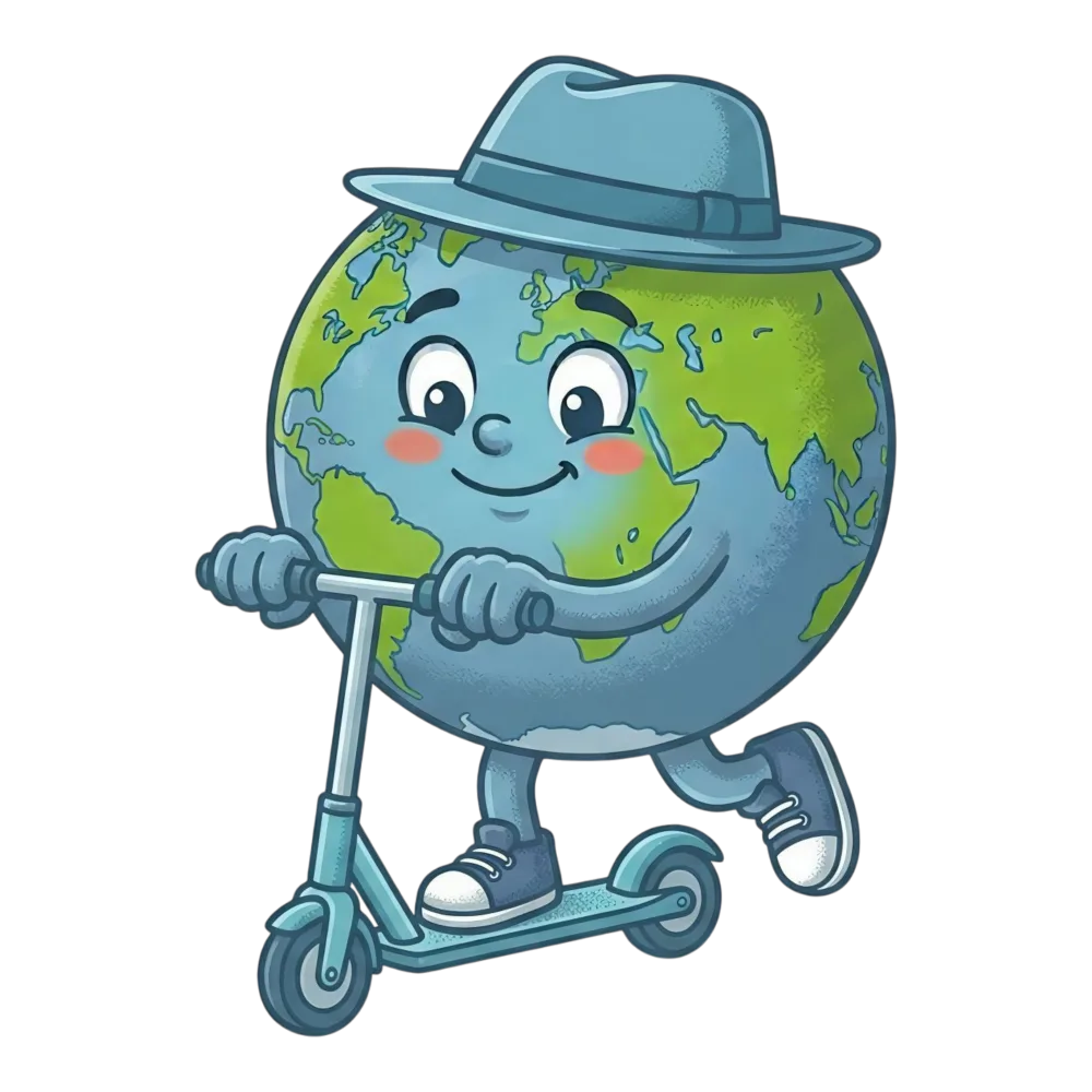 Cartoon Earth Character Riding Scooter Wearing Hat