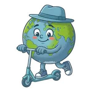 Cartoon Earth Character Riding Scooter Wearing Hat