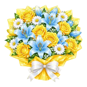 Colorful Bouquet of Yellow Roses, Blue Lilies, and White Daisies with Ribbon