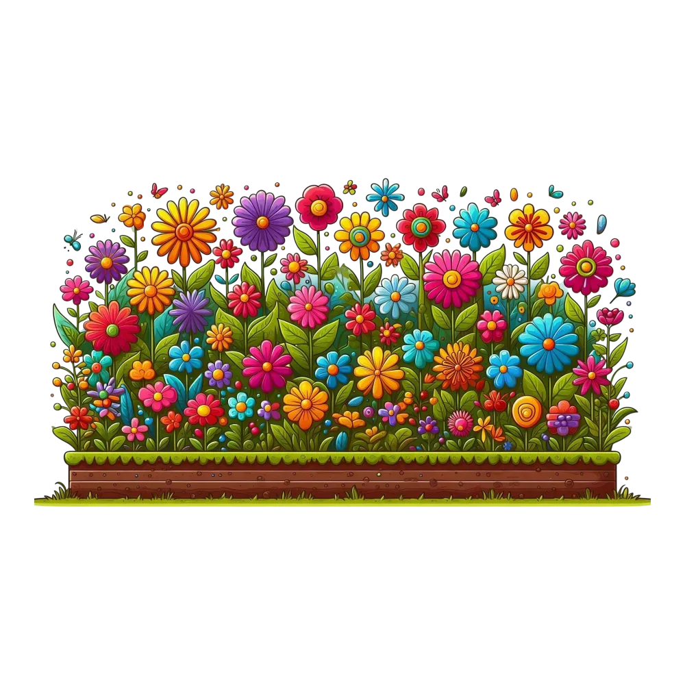 Colorful Cartoon Flower Garden Bed with Various Flowers and Green Leaves