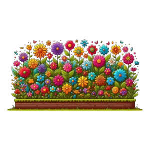 Colorful Cartoon Flower Garden Bed with Various Flowers and Green Leaves
