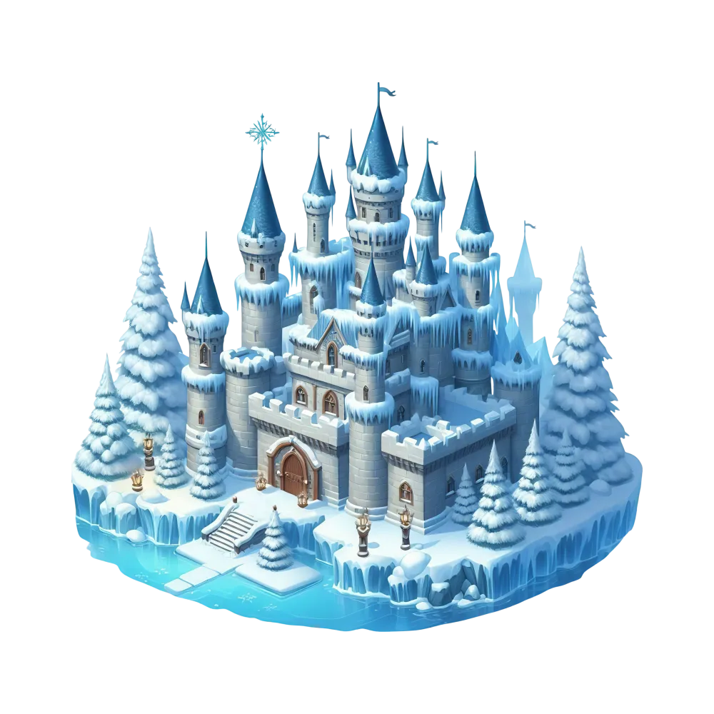 Fantasy Ice Castle with Snow and Pine Trees
