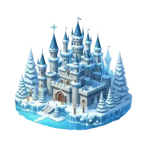 Fantasy Ice Castle with Snow and Pine Trees