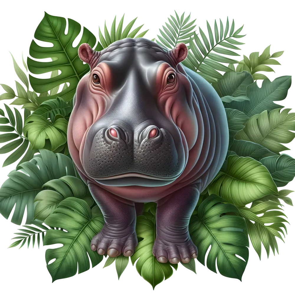Realistic Hippopotamus with Tropical Leaves