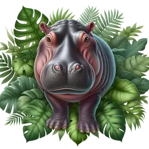 Realistic Hippopotamus with Tropical Leaves