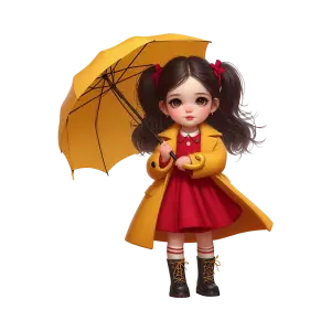 Cute Girl with Yellow Umbrella and Raincoat