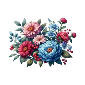 Colorful Bouquet of Various Flowers with Leaves and Red Berries