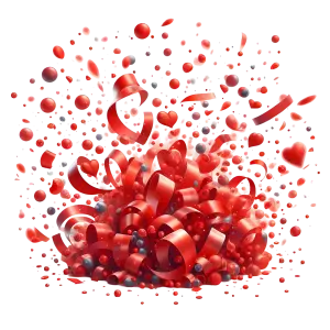 Explosion of Red Hearts and Ribbons on Transparent Background