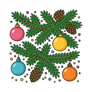 Christmas Pine Branches with Colorful Ornaments and Pinecones