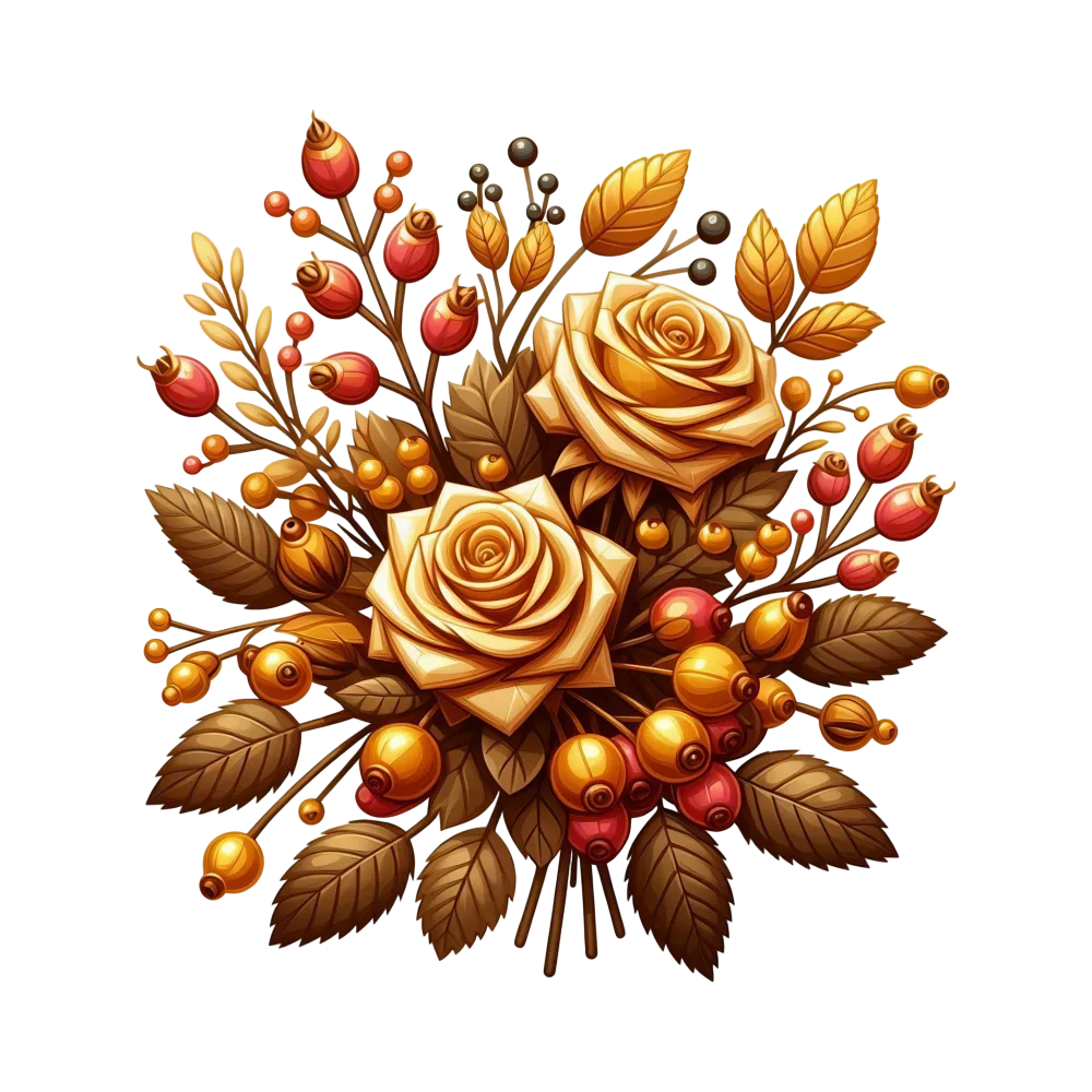 Autumn Orange Rose Bouquet with Berries and Leaves